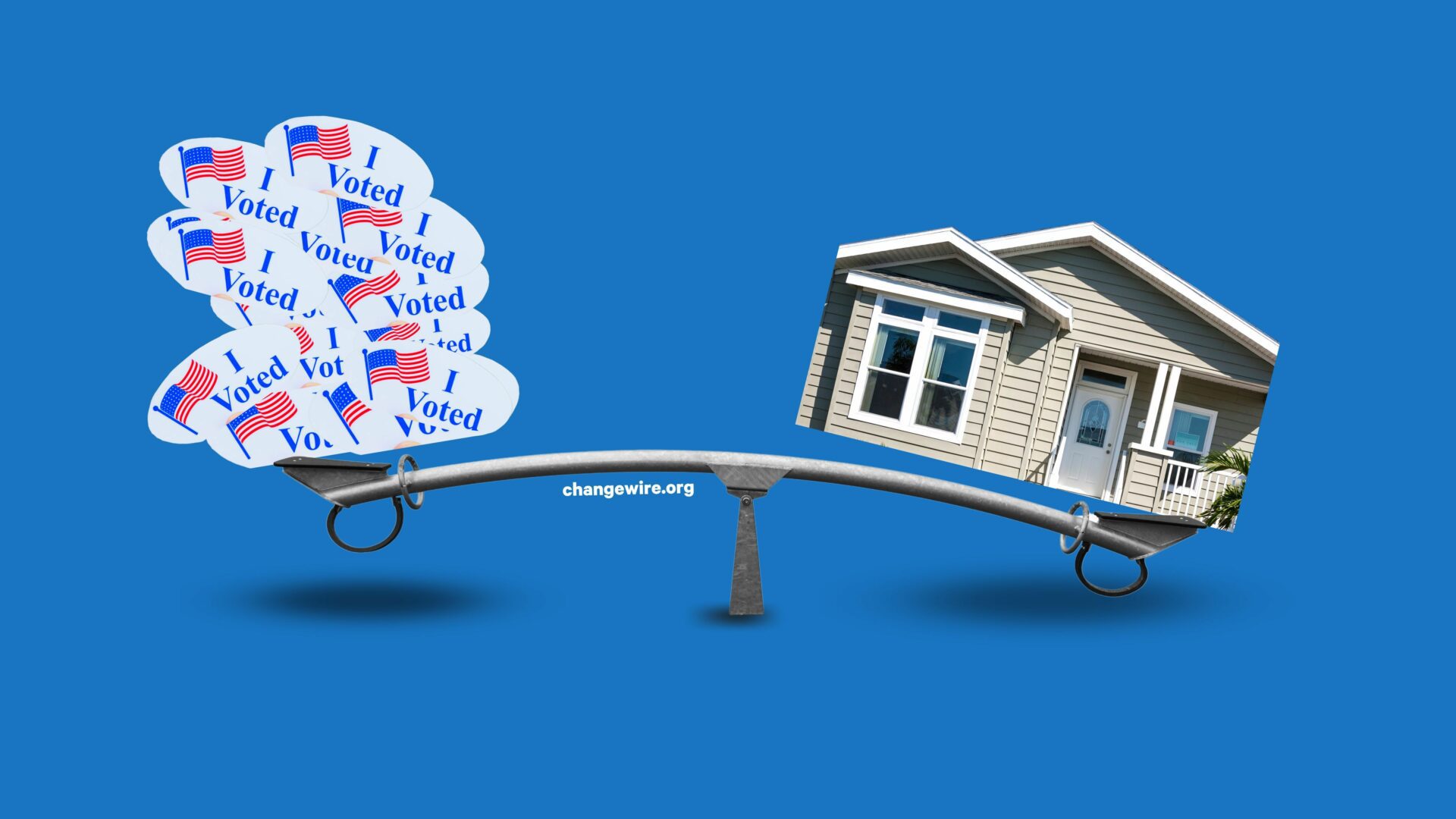 Illustration of see-saw with many I voted stickers on the left side and an house on the right